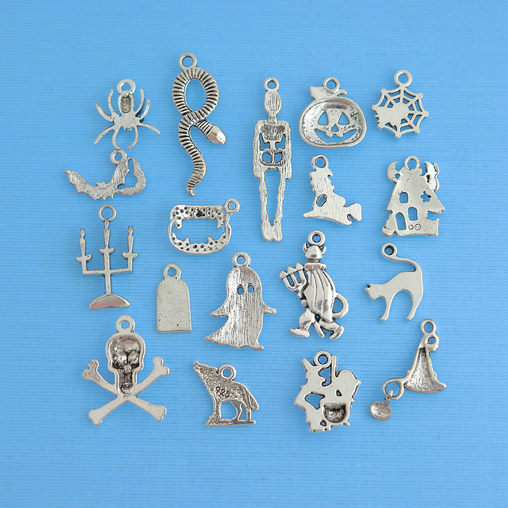 Deluxe Halloween Charm Collection Antique Silver Tone 18 Different Charms - COL088