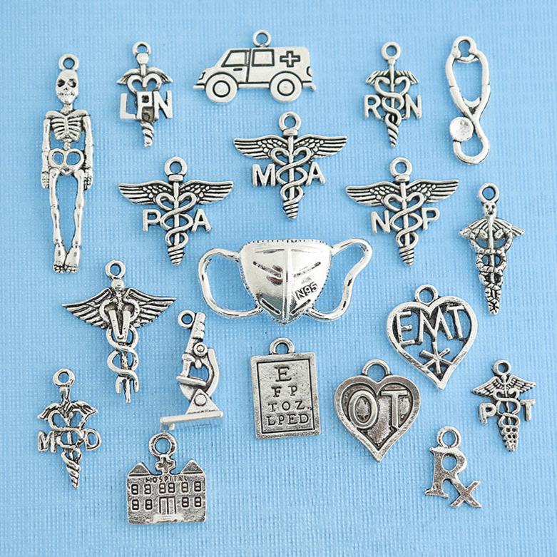 Deluxe Medical Professional Collection Antique Silver Tone 19 Different Charms - COL300