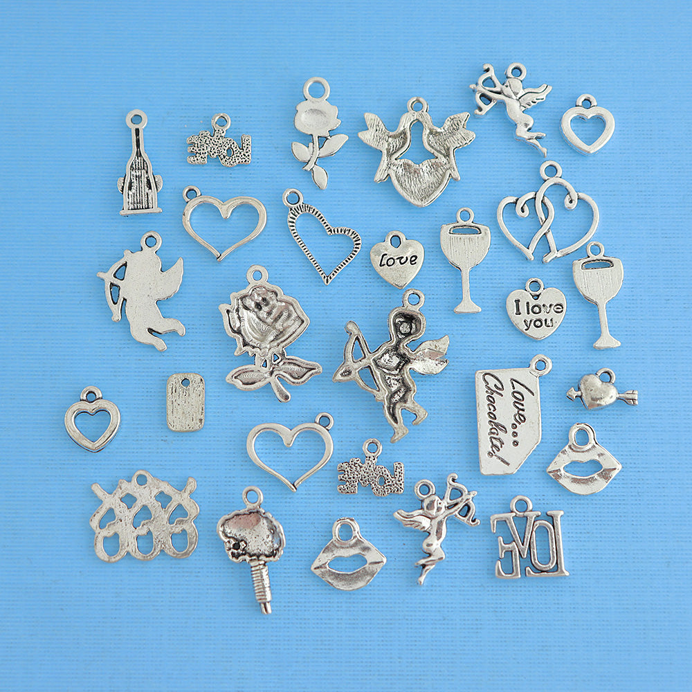 Deluxe Valentine Charm Collection Antique Silver Tone 28 Charms - COL280