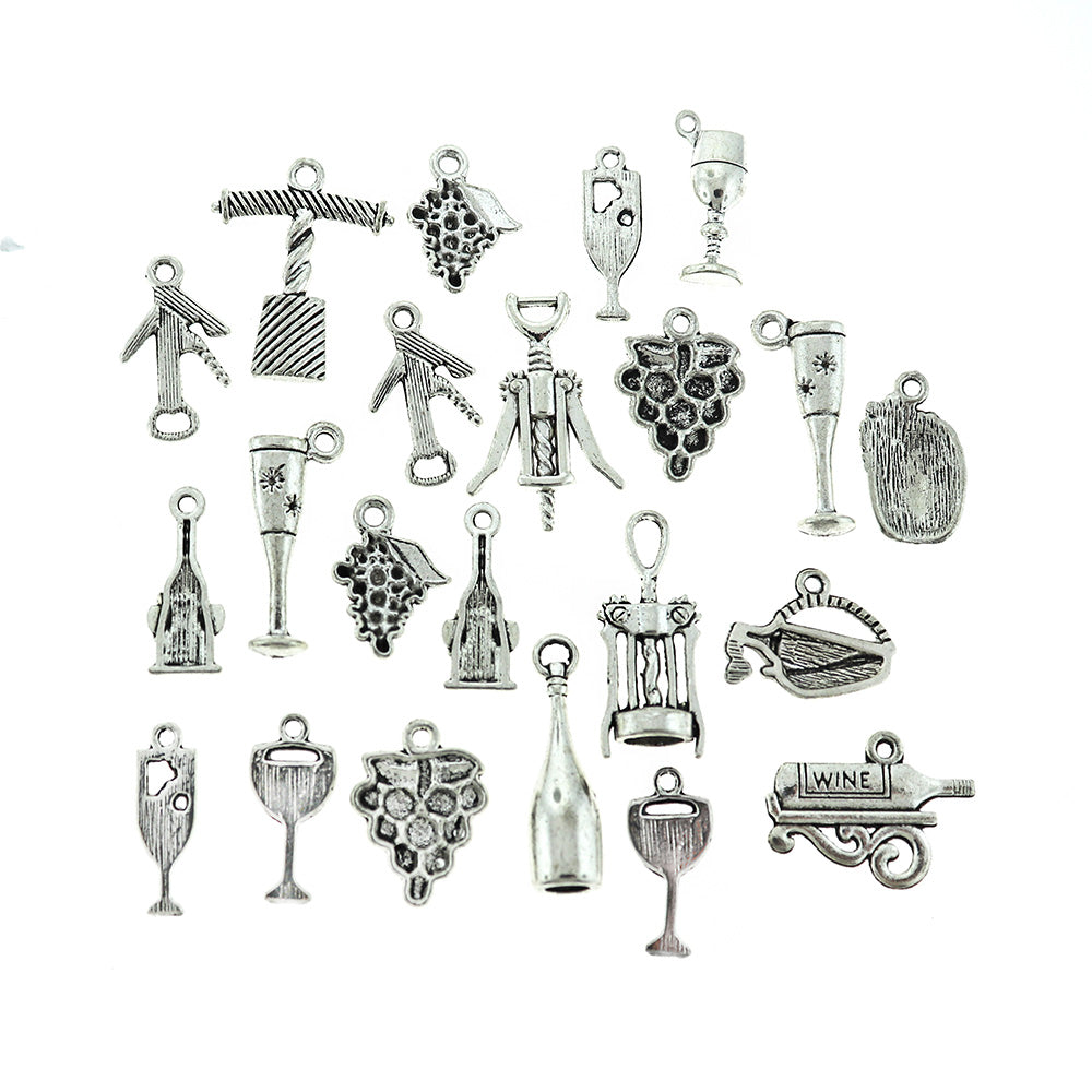 Deluxe Wine Charm Collection Antique Silver Tone 22 Charms - COL262