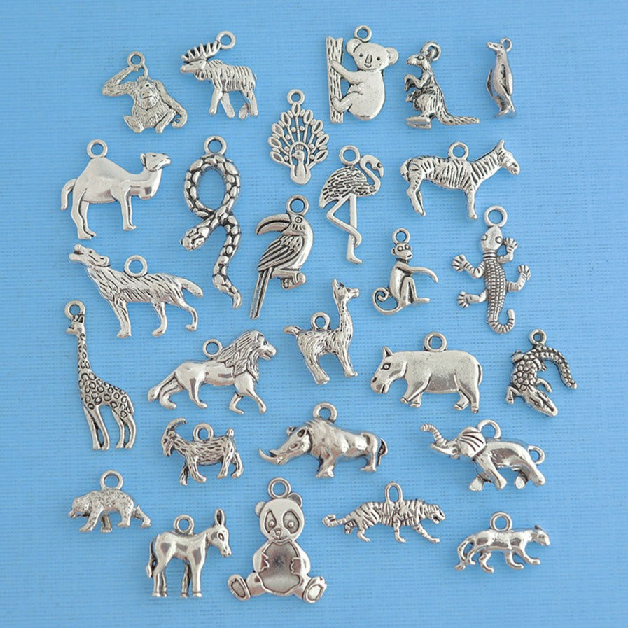 Deluxe Zoo Charm Collection Ton argent antique 27 breloques différentes - COL264