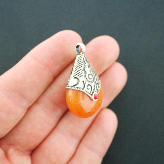Drop Antique Silver Tone Charm with Orange Resin - SC5060