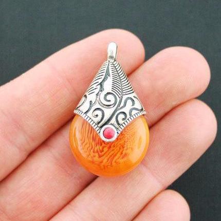 Drop Antique Silver Tone Charm with Orange Resin - SC5060