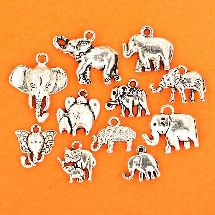 Elephant Charm Collection Antique Silver Tone 11 Different Charms - COL127