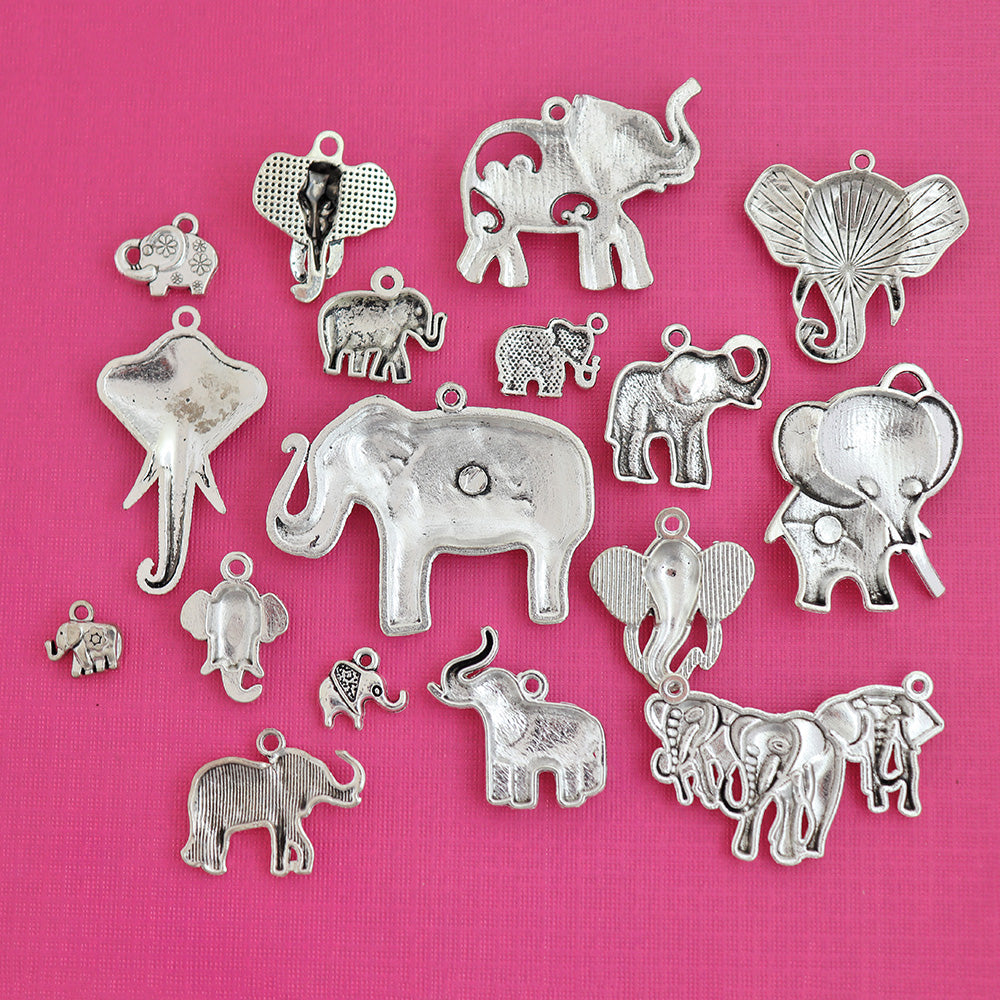 Elephant Charm Collection Antique Silver Tone 17 Charms - COL373H