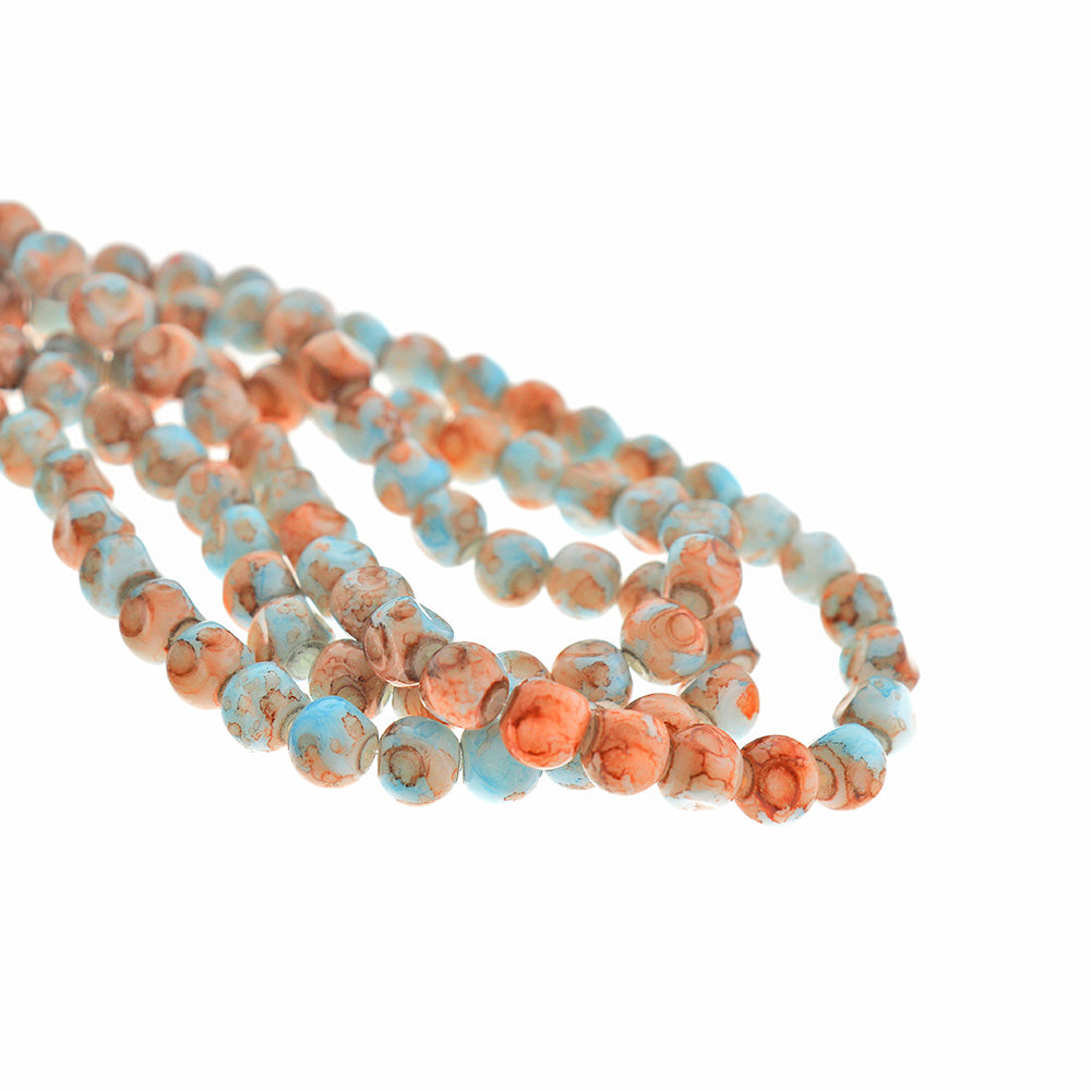 Faceted Glass Beads 8mm - Blue and Beige Marble - 1 Strand 110 Beads - BD629