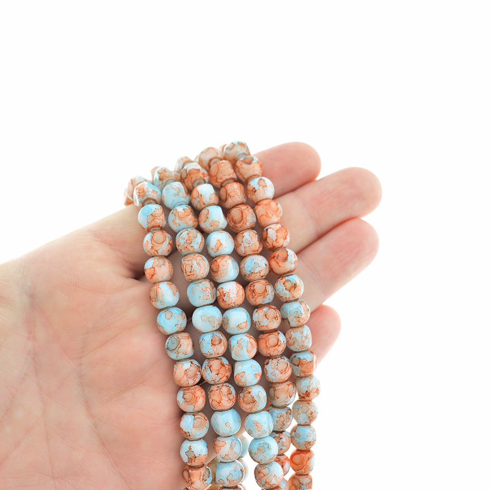 Faceted Glass Beads 8mm - Blue and Beige Marble - 1 Strand 110 Beads - BD629