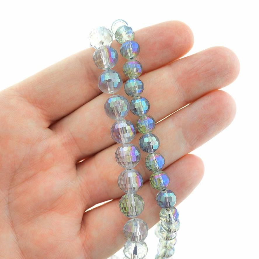 Faceted Round Glass Beads 8mm - 10mm - Choose Your Size - Electroplated Clear - 1 Full 21.8" Strand - BD387