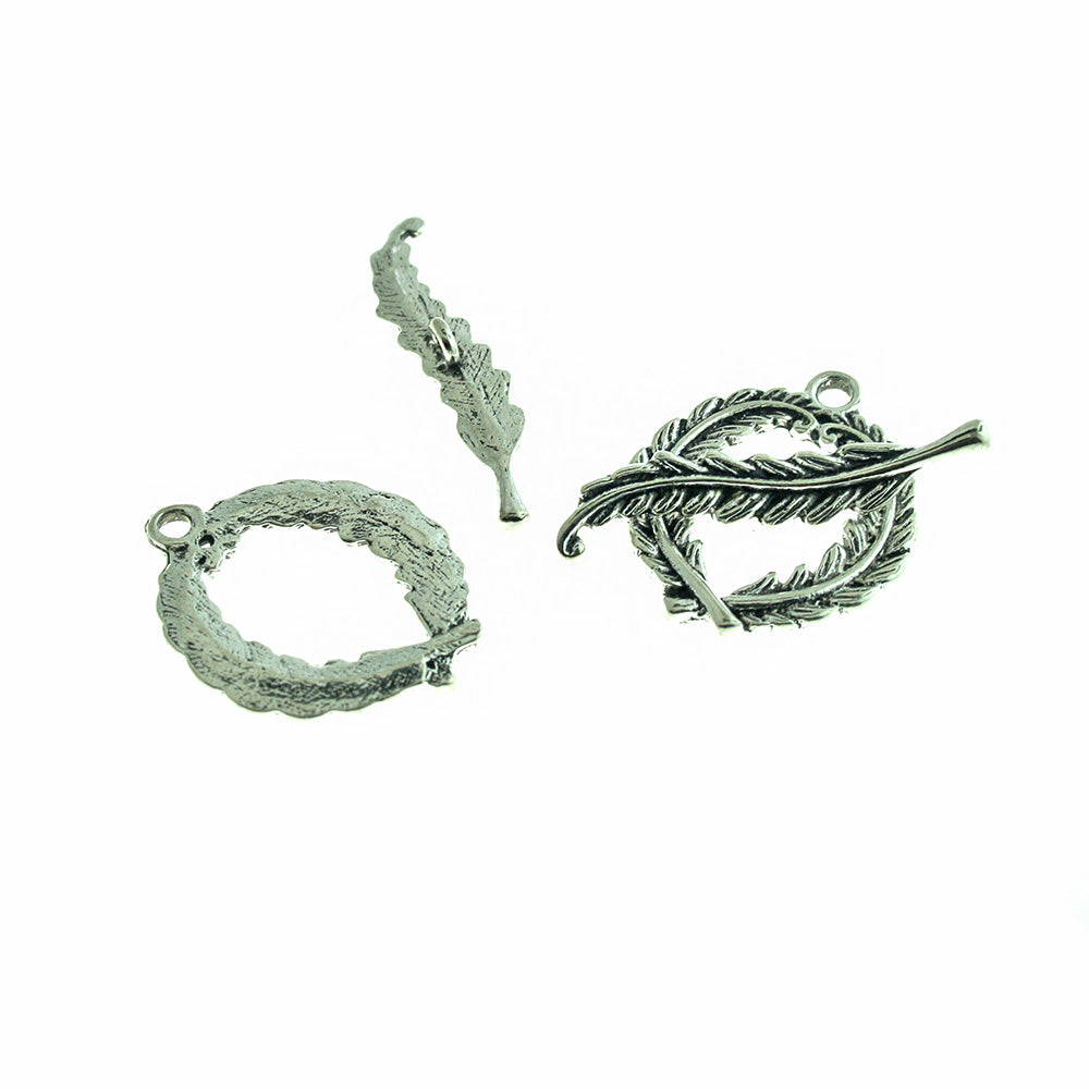 Fermoirs à bascule en plumes argentées antiques 38 mm x 8 mm - 5 jeux de 10 pièces - FD077