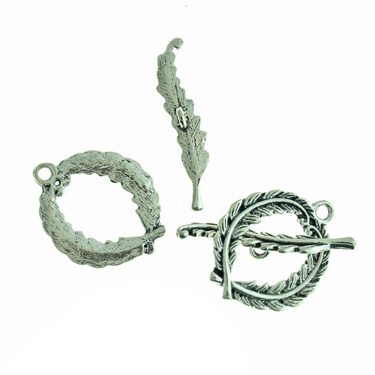 Feather Antique Silver Tone Toggle Clasps 38mm x 8mm - 5 Sets 10 Pieces - FD077