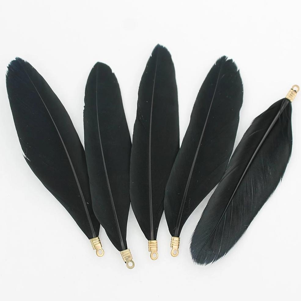 Feather Pendants - Gold Tone and Black - 6 Pieces - Z701