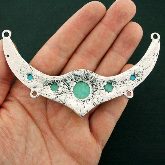 Festoon Connector Antique Silver Tone Charm With Imitation Turquoise - SC6441