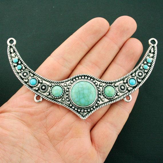 Festoon Connector Antique Silver Tone Charm With Imitation Turquoise - SC6441