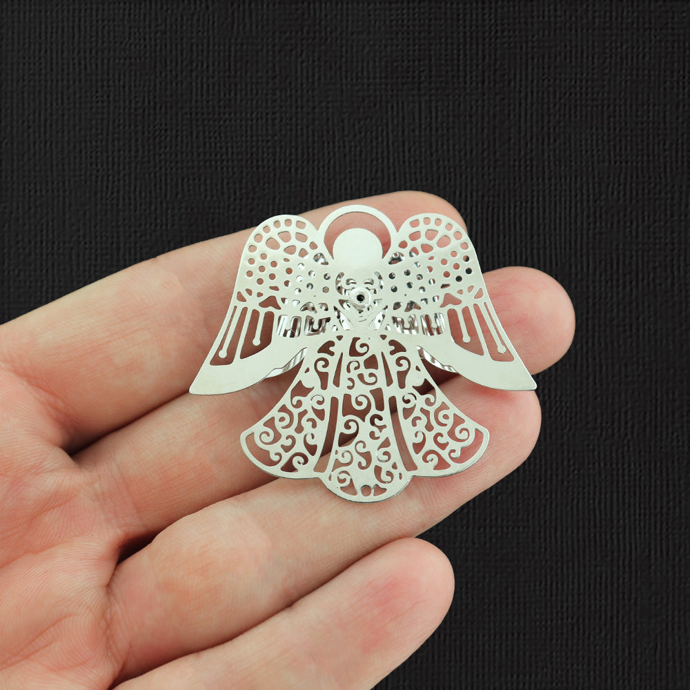 Filigree Angel Silver Tone Charms 3D With Inset Rhinestone - SC6209