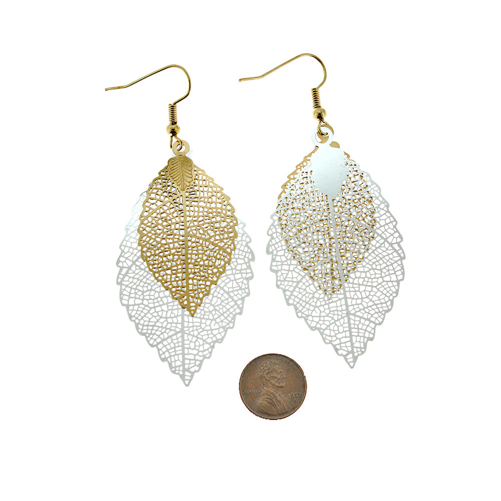 Filigree Leaf Earrings - Gold Tone French Hook - 70mm - 2 Pieces 1 Pair - Z1317