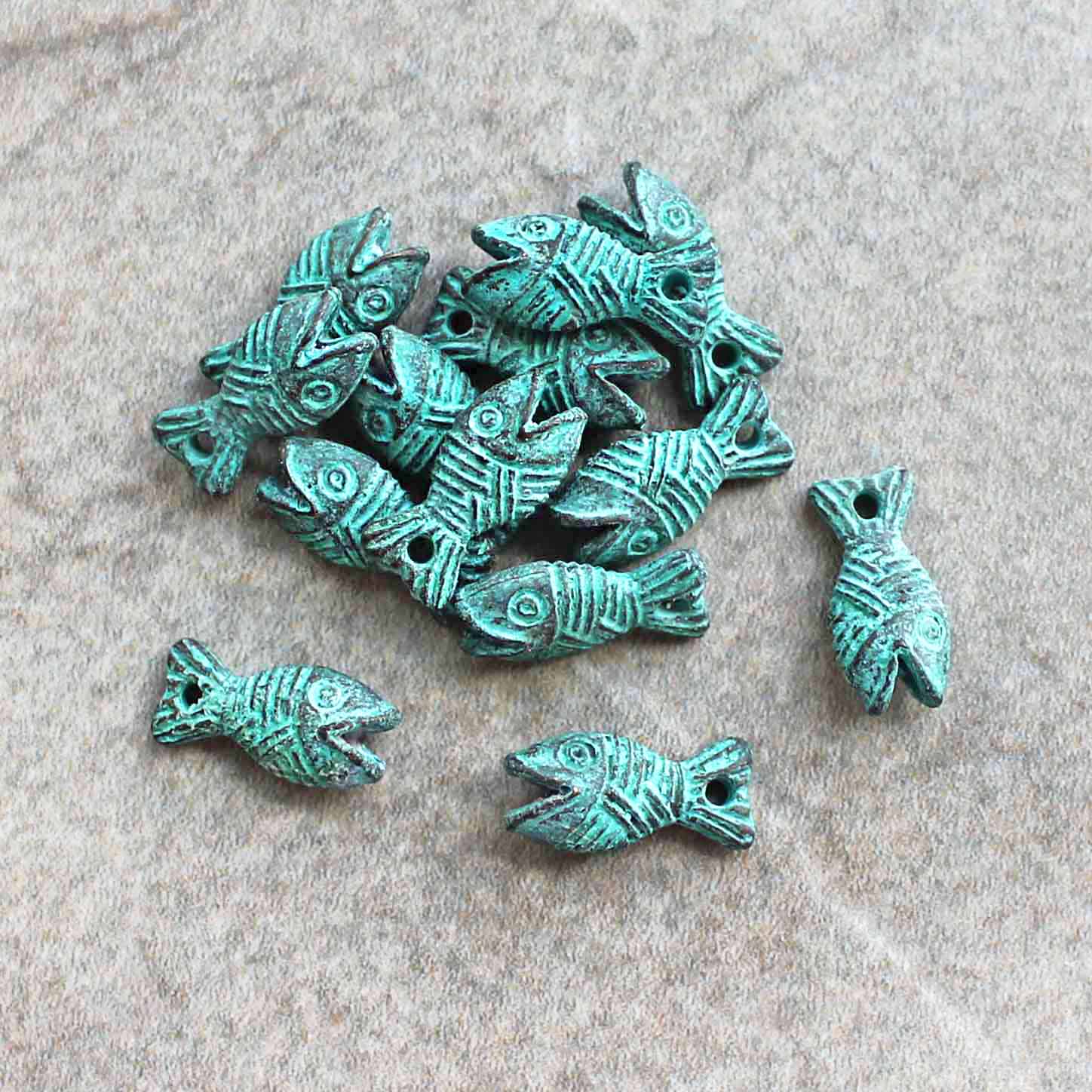 Fish Antique Copper Tone Mykonos Charms with Green Patina 2 Sided - BC1536