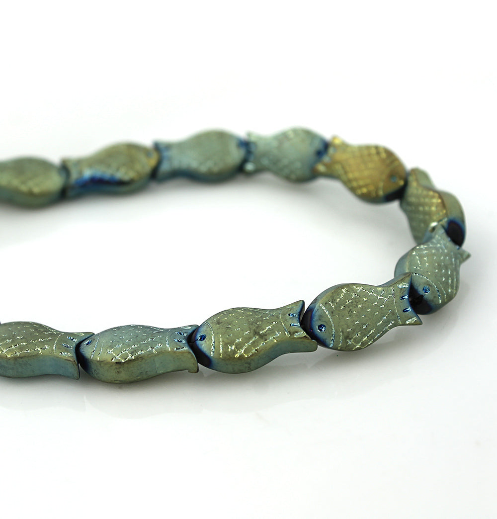 Fish Glass Beads 15mm x 8mm x 5mm - Electroplated Green - 10 Beads - BD1029