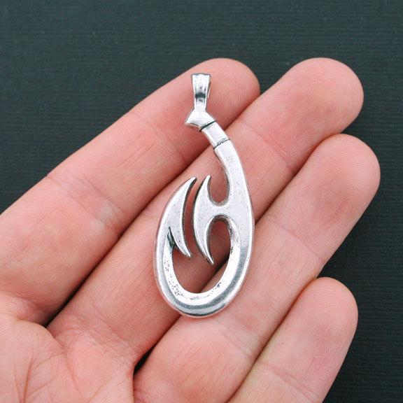 Fish Hook Antique Silver Tone Charm 3D - SC4264