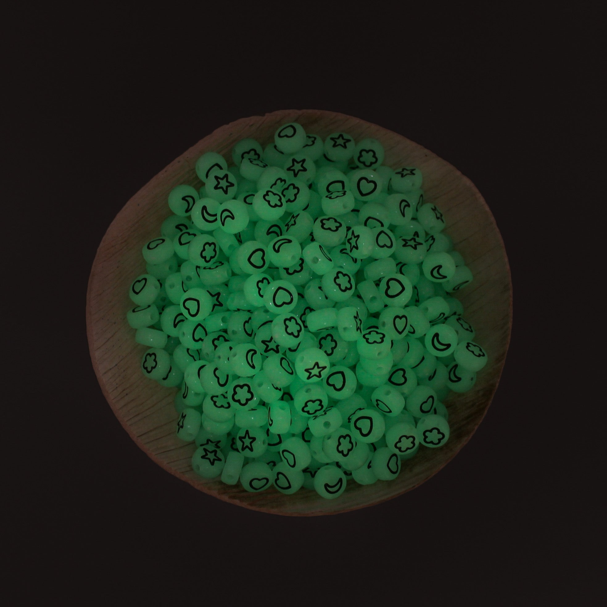 Flat Round Acrylic Beads 7mm - Glow In The Dark Assorted Shapes - 50 Beads - BD065