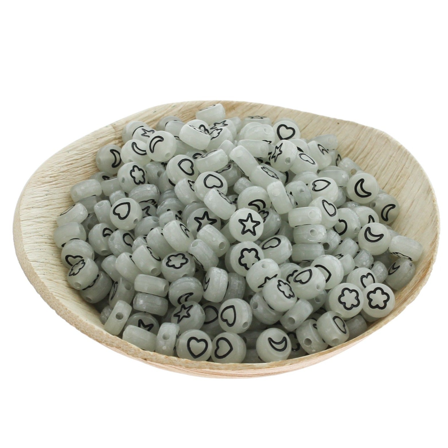 Flat Round Acrylic Beads 7mm - Glow In The Dark Assorted Shapes - 50 Beads - BD065