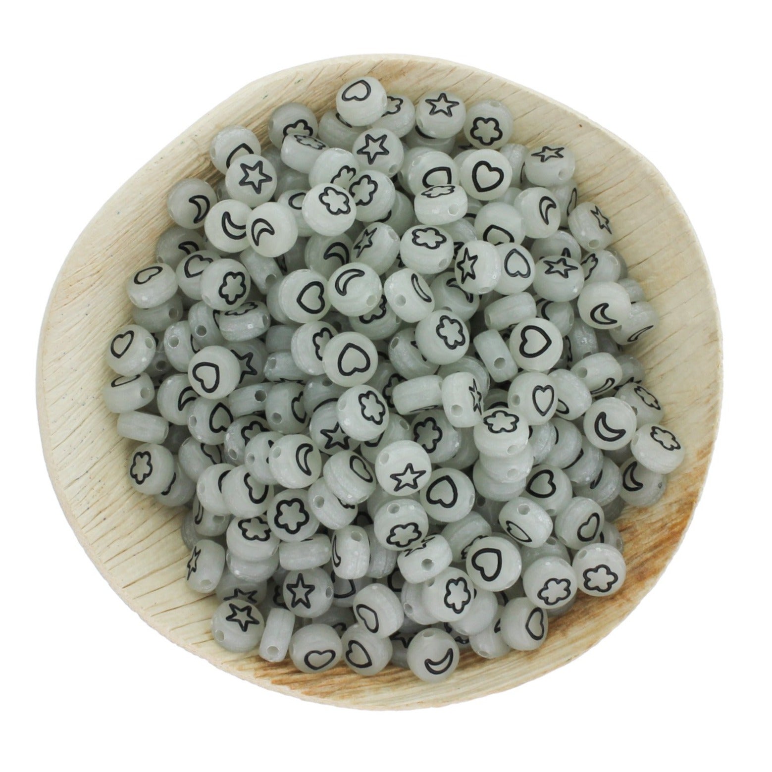 Flat Round Acrylic Beads 7mm - Glow In The Dark Assorted Shapes - 50 Beads - BD065