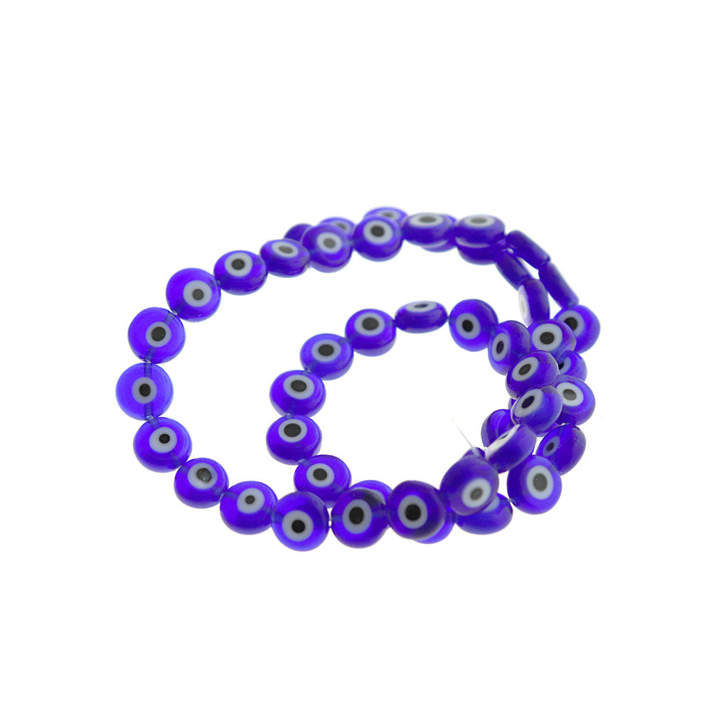 Flat Round Glass Beads 8mm - Blue and White Evil Eye - 1 Strand 49 Beads - BD1371