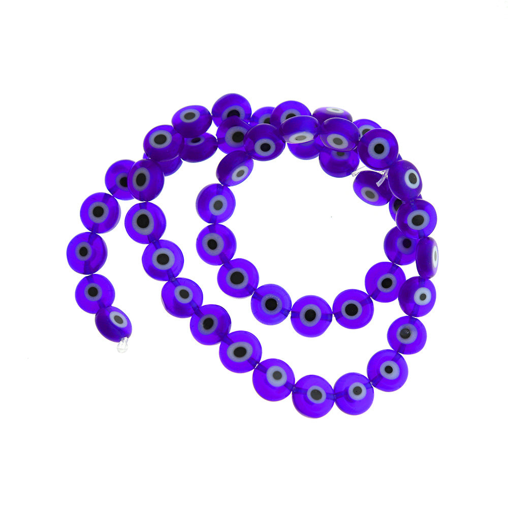 Flat Round Glass Beads 8mm - Blue and White Evil Eye - 1 Strand 49 Beads - BD1371