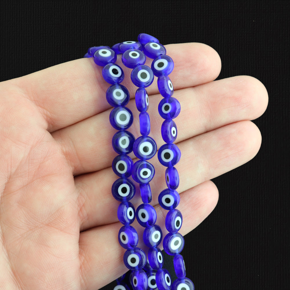 Flat Round Glass Beads 8mm - Blue and White Evil Eye - 1 Strand 49 Beads - BD1371