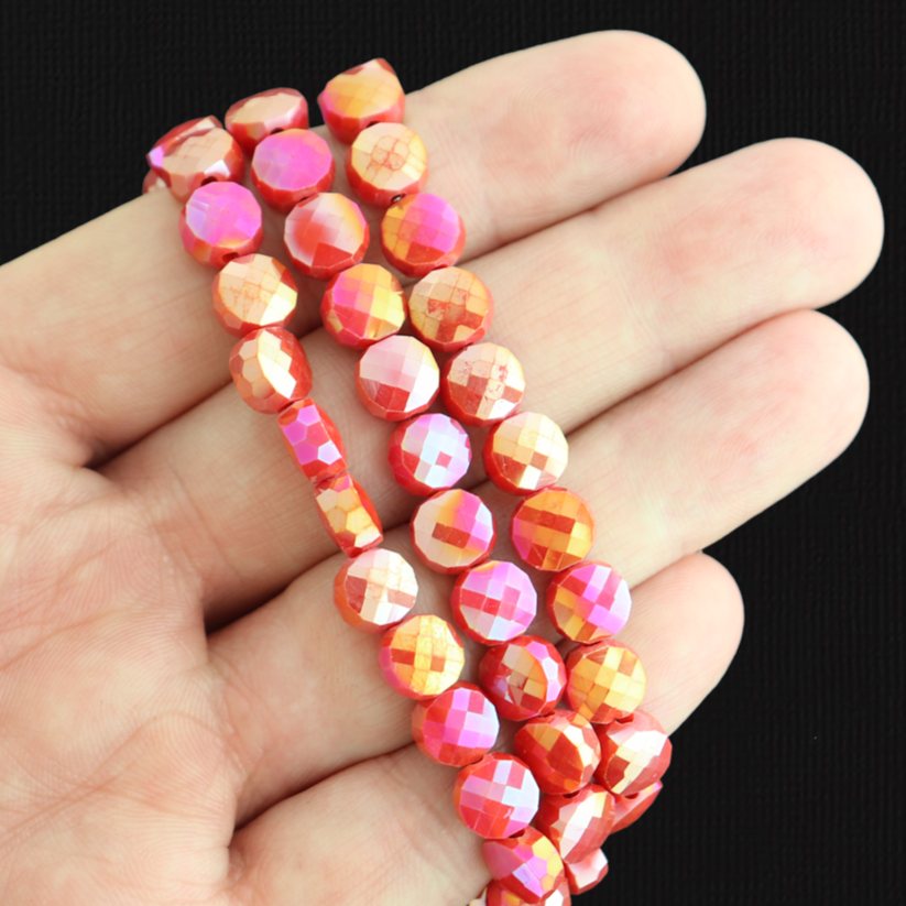 Flat Round Glass Beads 8mm x 5mm - Electroplated Red - 1 Strand 72 Beads - BD1505
