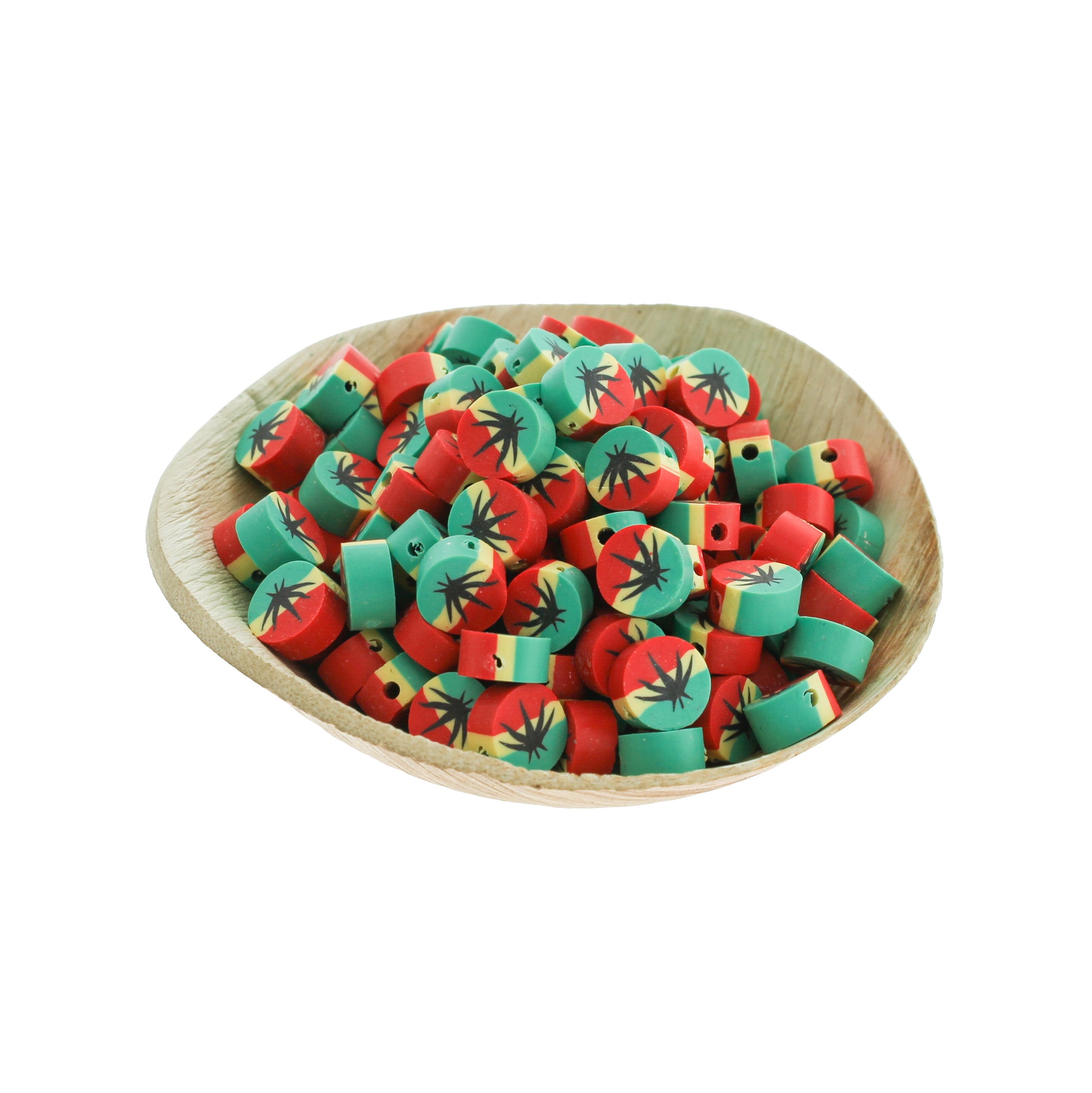 Flat Round Polymer Clay Beads 10.5mm x 5mm - Weed Leaf - 40 Beads - BD646