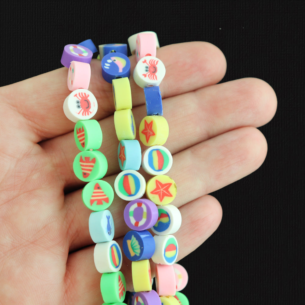 Flat Round Polymer Clay Beads 9.5mm - Assorted Sea Life - 1 Strand 40 Beads - BD1085