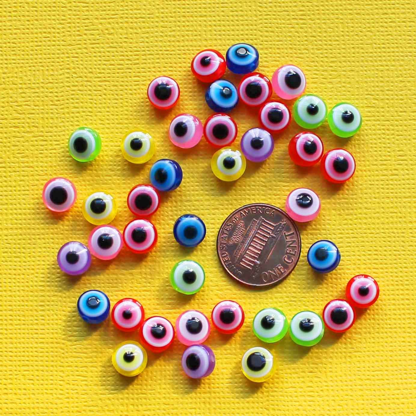 Flat Round Resin Beads 8mm x 5mm - Assorted Rainbow Evil Eye - 50 Beads - BD126