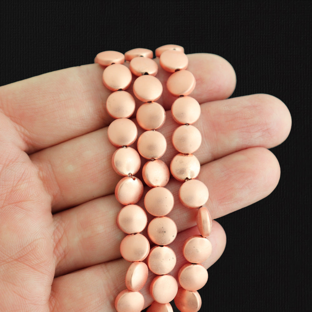 Flat Round Synthetic Hematite Beads 8mm x 4mm - Frosted Rose Gold - 1 Strand 50 Beads - BD1177