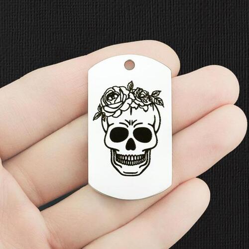 Breloques Dog Tag en Acier Inoxydable Tête de Mort Florale - BFS024-7821