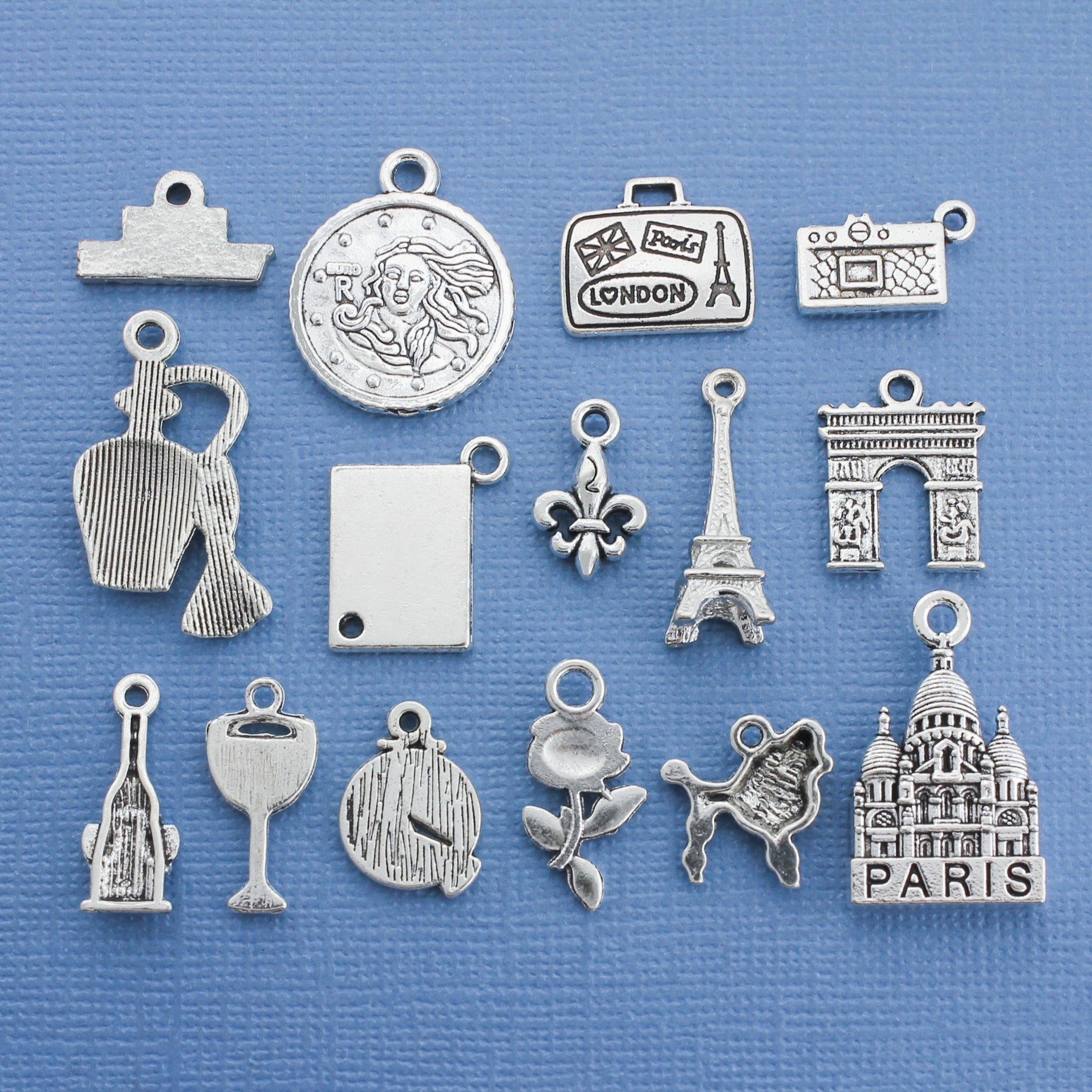 France Charm Collection Antique Silver Tone 15 Different Charms - COL102