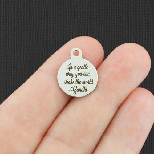 Ghandi Stainless Steel Small Round Charms - In a gentle way, you can shake the world - BFS002-4948