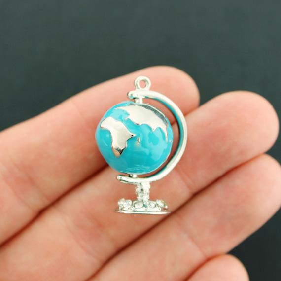Globe Silver Tone Enamel Charm 3D - E326