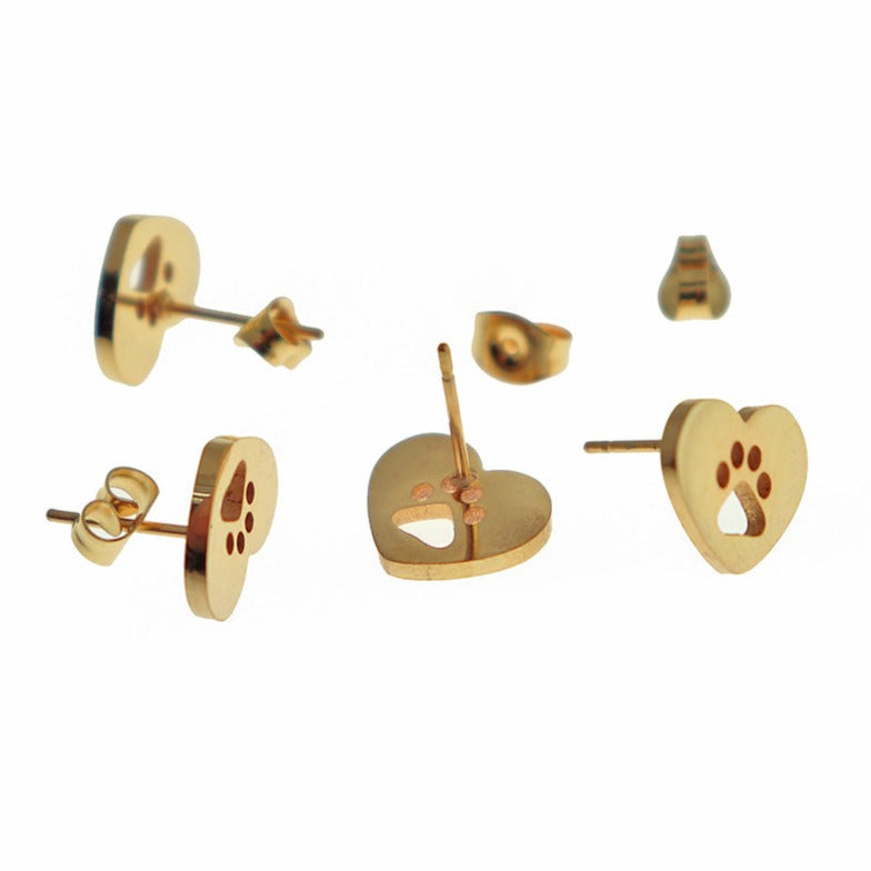 Boucles d'Oreilles en Acier Inoxydable Doré - Clous Coeur Imprimé Patte - 12mm x 10mm - 2 Pièces 1 Paire - ER526
