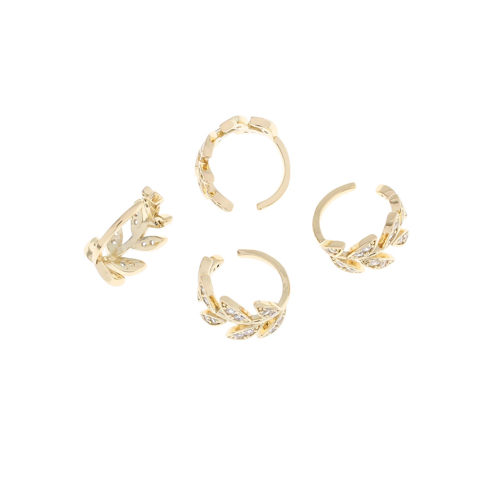 Gold Tone Brass Earring Cuff - Leaf With Inset Rhinestones - 13.5mm x 8mm - 1 Piece - ER418
