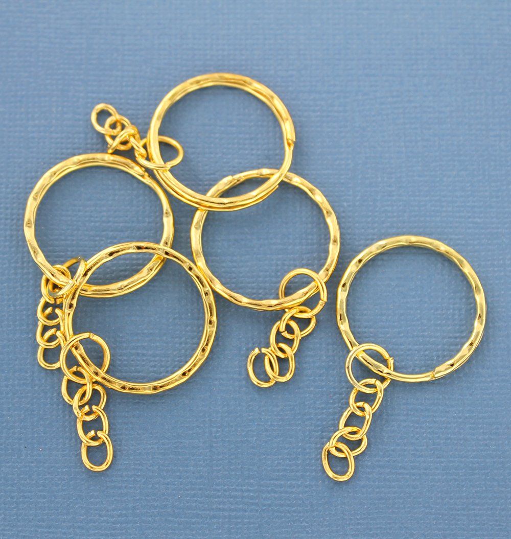 Gold Tone Key Rings with Attached Chain - 25mm - 15 Pieces - Z686