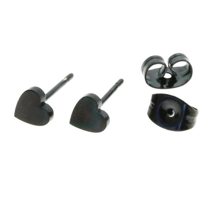 Boucles d'Oreilles en Acier Inoxydable Noir Gunmetal - Clous de Coeur - 5mm x 5mm - 2 Pièces 1 Paire - ER080