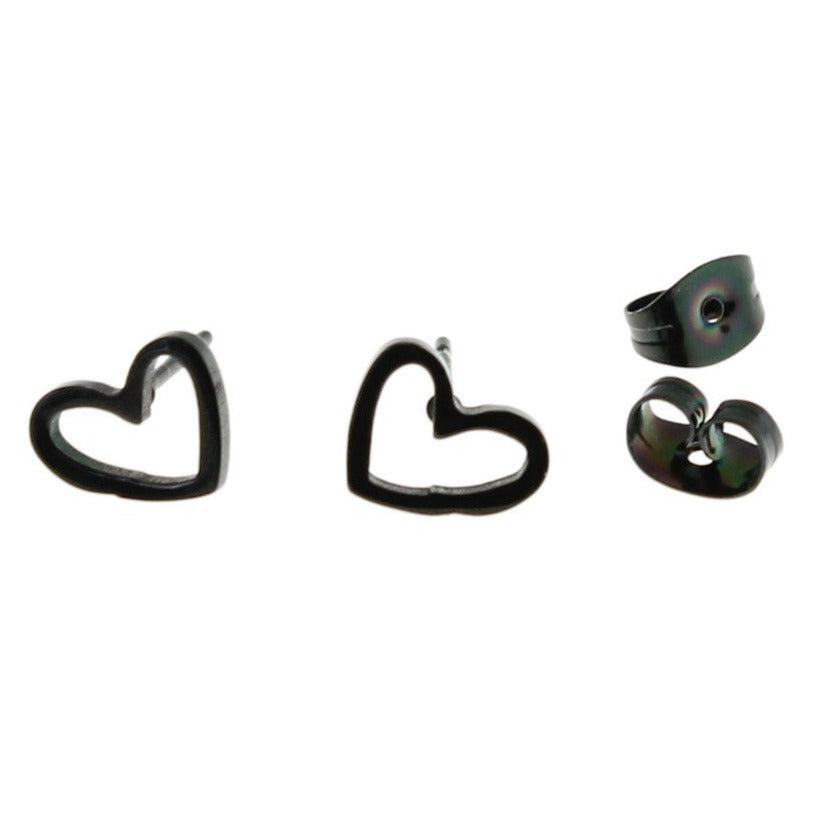 Boucles d'oreilles en acier inoxydable noir Gunmetal - clous de coeur - 9mm x 8mm - 2 pièces 1 paire - ER239