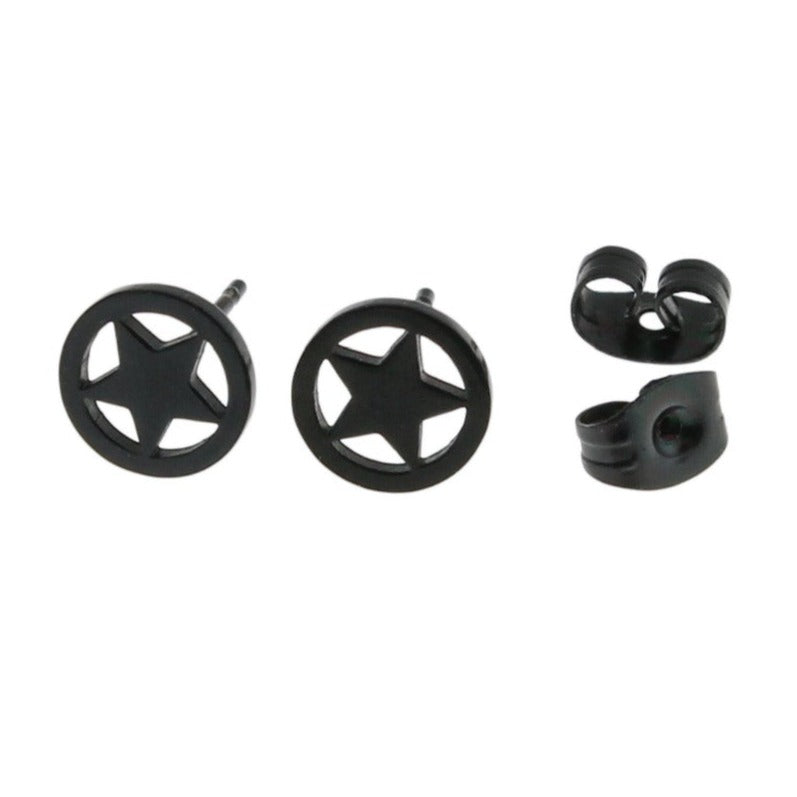 Gunmetal Black Stainless Steel Earrings - Star Studs - 8mm x 1mm - 2 Pieces 1 Pair - ER230