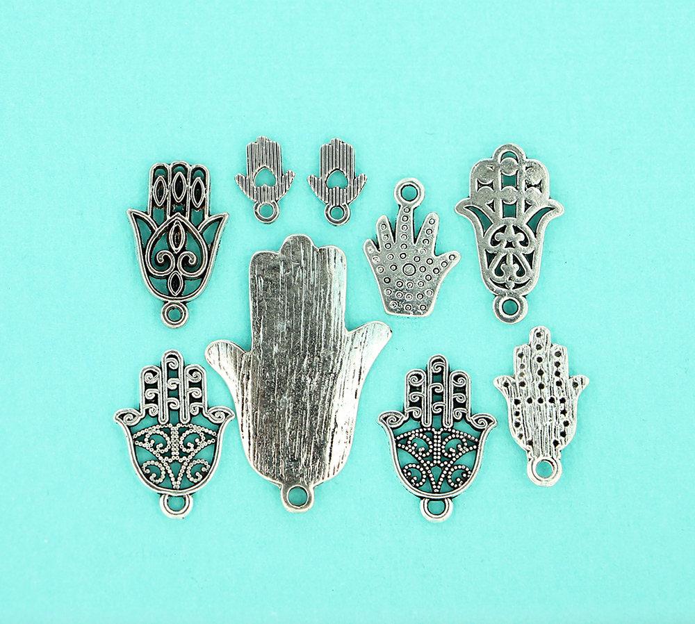 Hamsa Hand Charm Collection Argent antique 9 breloques - COL134