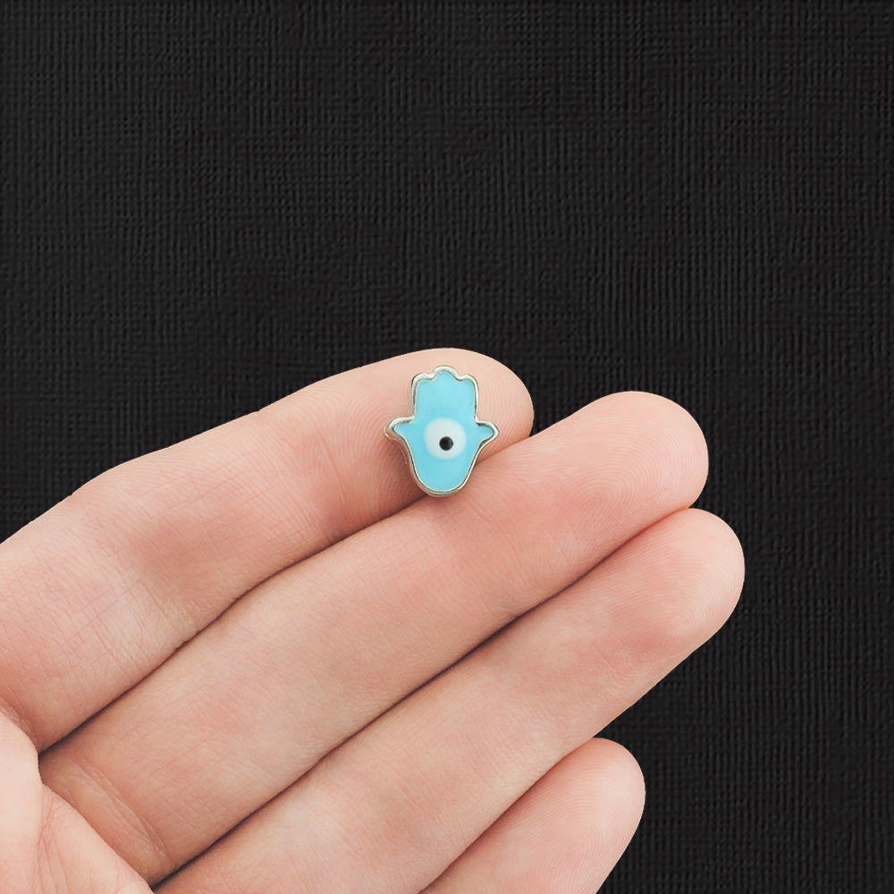 Hamsa Hand Spacer Bead 13mm x 11mm - Ton argent et émail bleu - 2 Perles - E1208