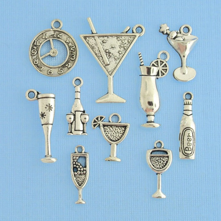 Happy Hour Charm Collection Antique Silver Tone 10 Different Charms - COL145