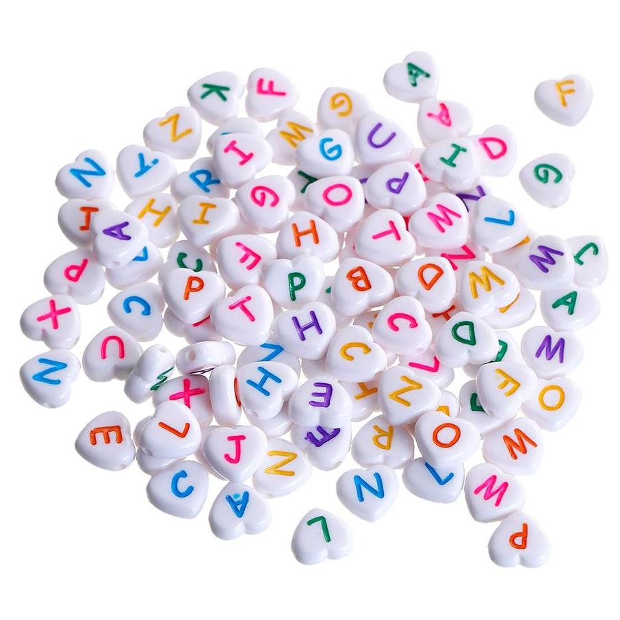 Perles Acrylique Alphabet Coeur 11mm - Lettres et Couleurs Assorties - 100 Perles - BD1354