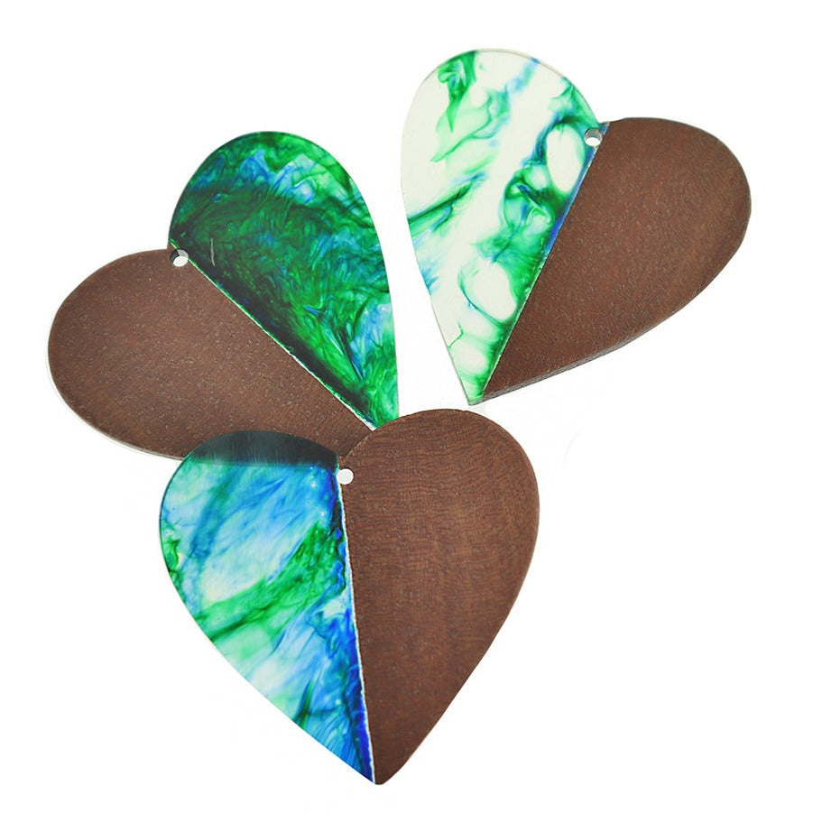 Charm Coeur Bois Naturel et Résine 48mm - Vert Mer - WP550