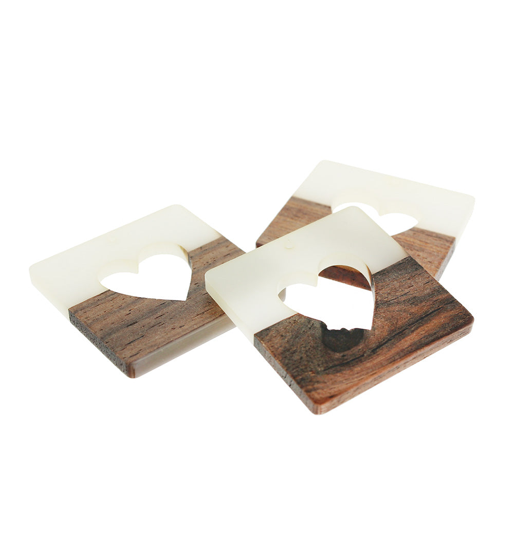 Heart Natural Wood and White Resin Charm 38mm - WP059