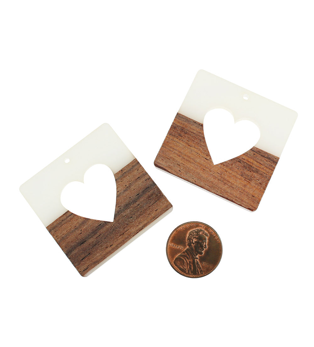 Heart Natural Wood and White Resin Charm 38mm - WP059